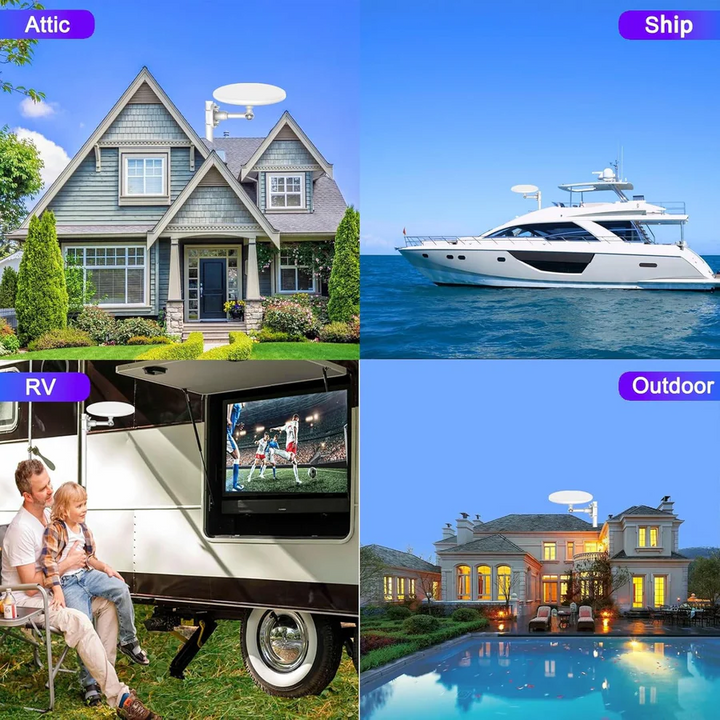 Outdoor digital HD TV antenna installed on a house roof, boat, RV, and backyard setting.