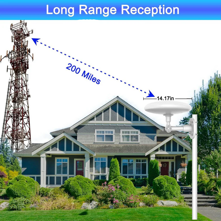 Outdoor digital HD TV antenna demonstrating long-range reception capabilities reaching broadcast towers.