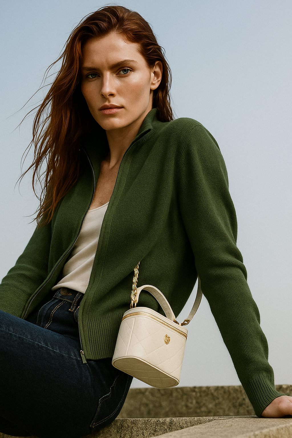 Casual winter clothing zip cardigan layered over a basic tee