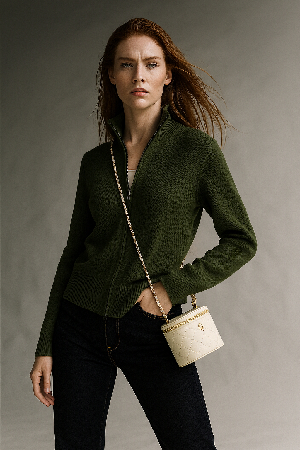 High collar zip cardigan showcasing neckline design