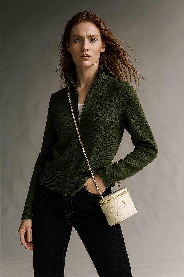 High collar zip cardigan showcasing neckline design