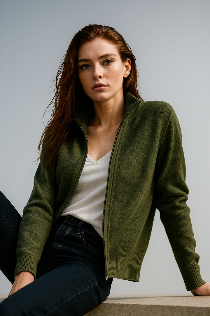 Casual womens zip up knitwear in neutral tones