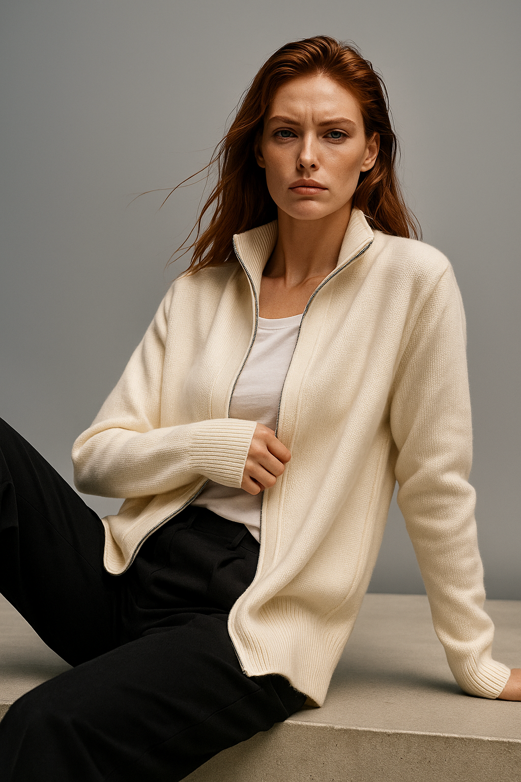 Womens fashion knitwear zip up cardigan full length view