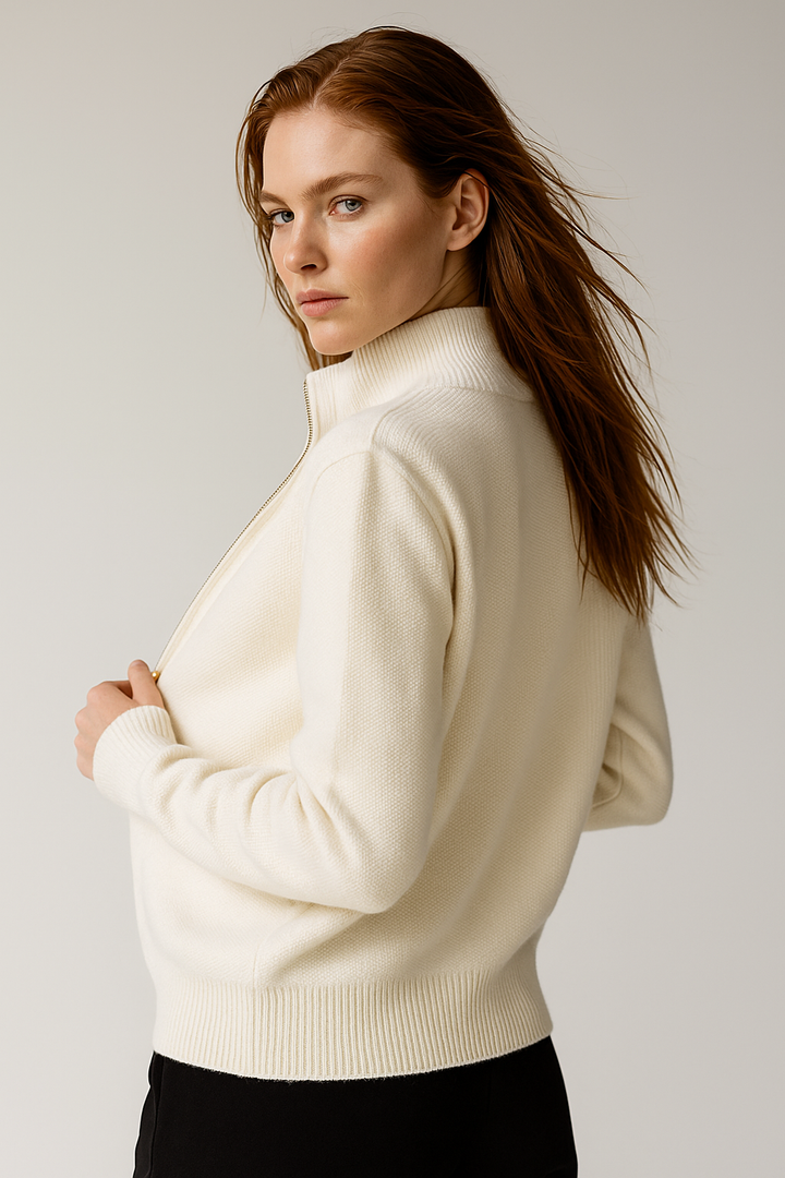 High collar knit cardigan zipper partially open detail