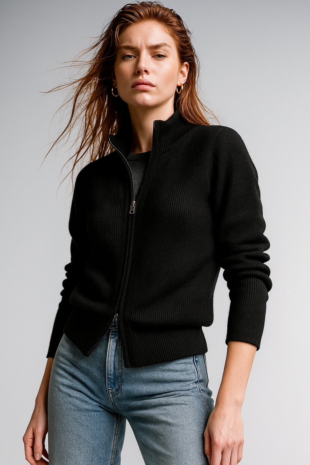 Womens zip up knit cardigan in black front view