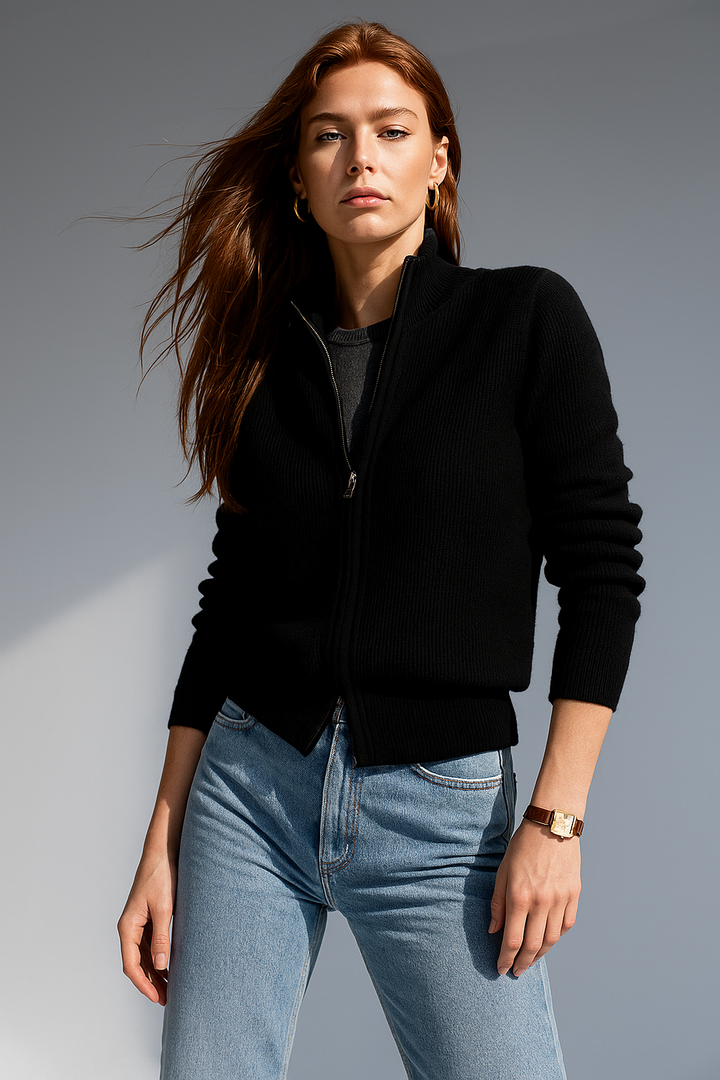 Cozy zip cardigan for women back view showcasing knit texture