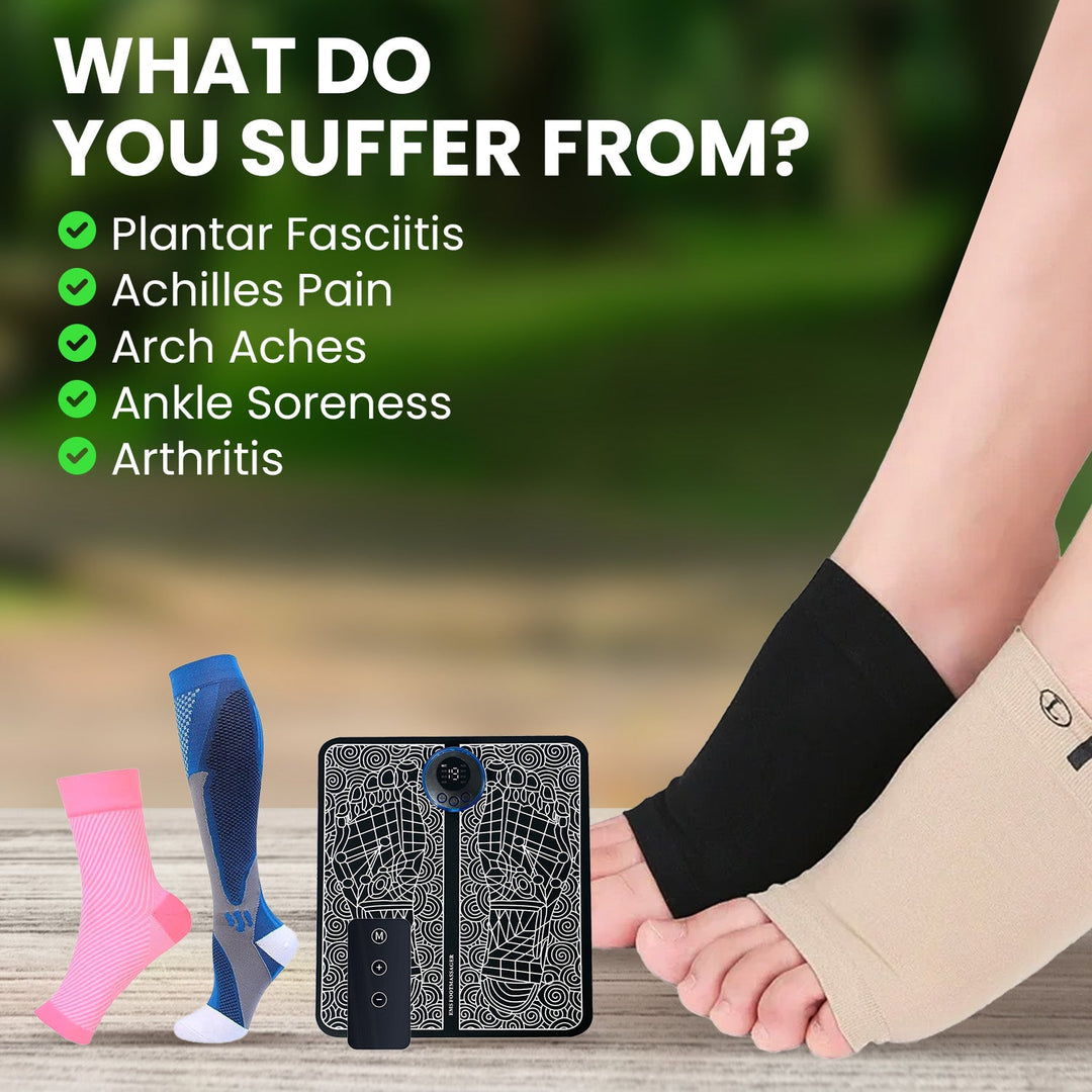 Foot pain relief bundle items displayed alongside symptom checklist
