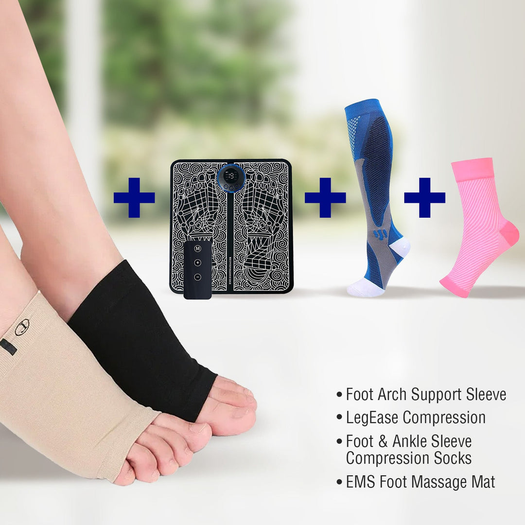 Demonstrating arch support sleeves and compression socks on feet
