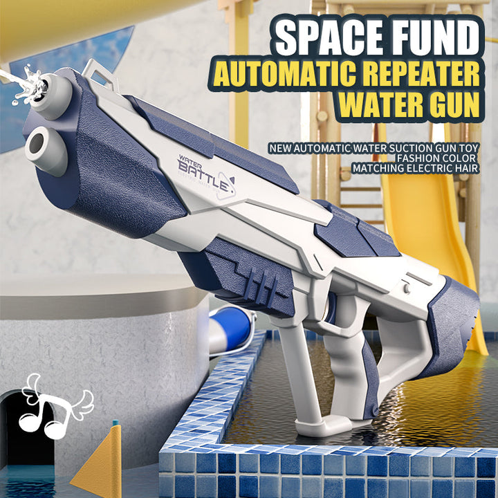 Blue and white space repeating automatic water gun displayed near a swimming pool
