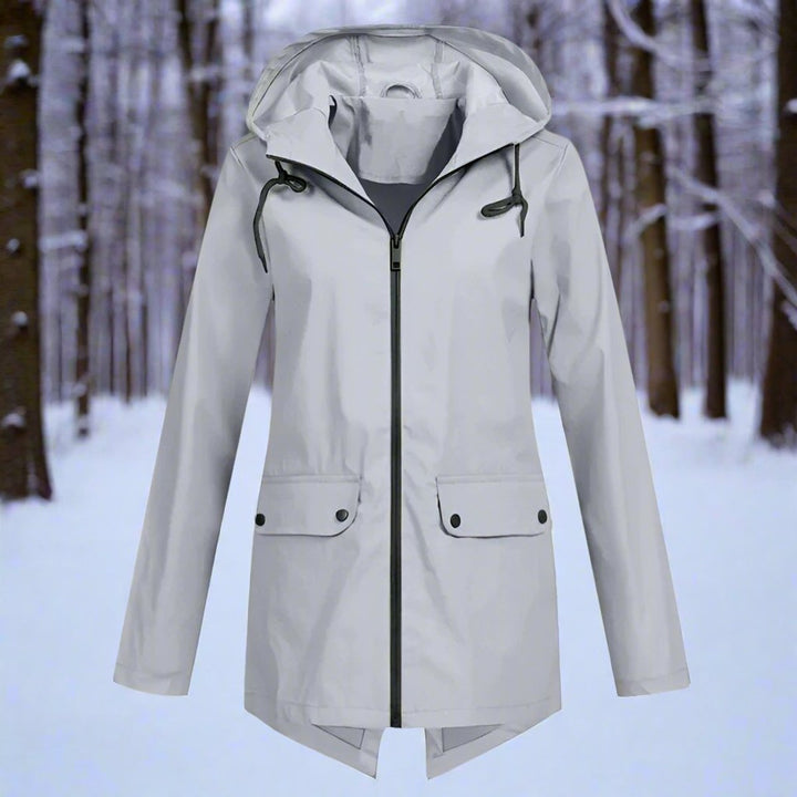 Close-up texture of water-repellent fabric on women's rainwear