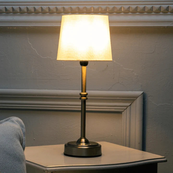 Cordless retro LED table lamp showing the vintage metal lampshade and stem design
