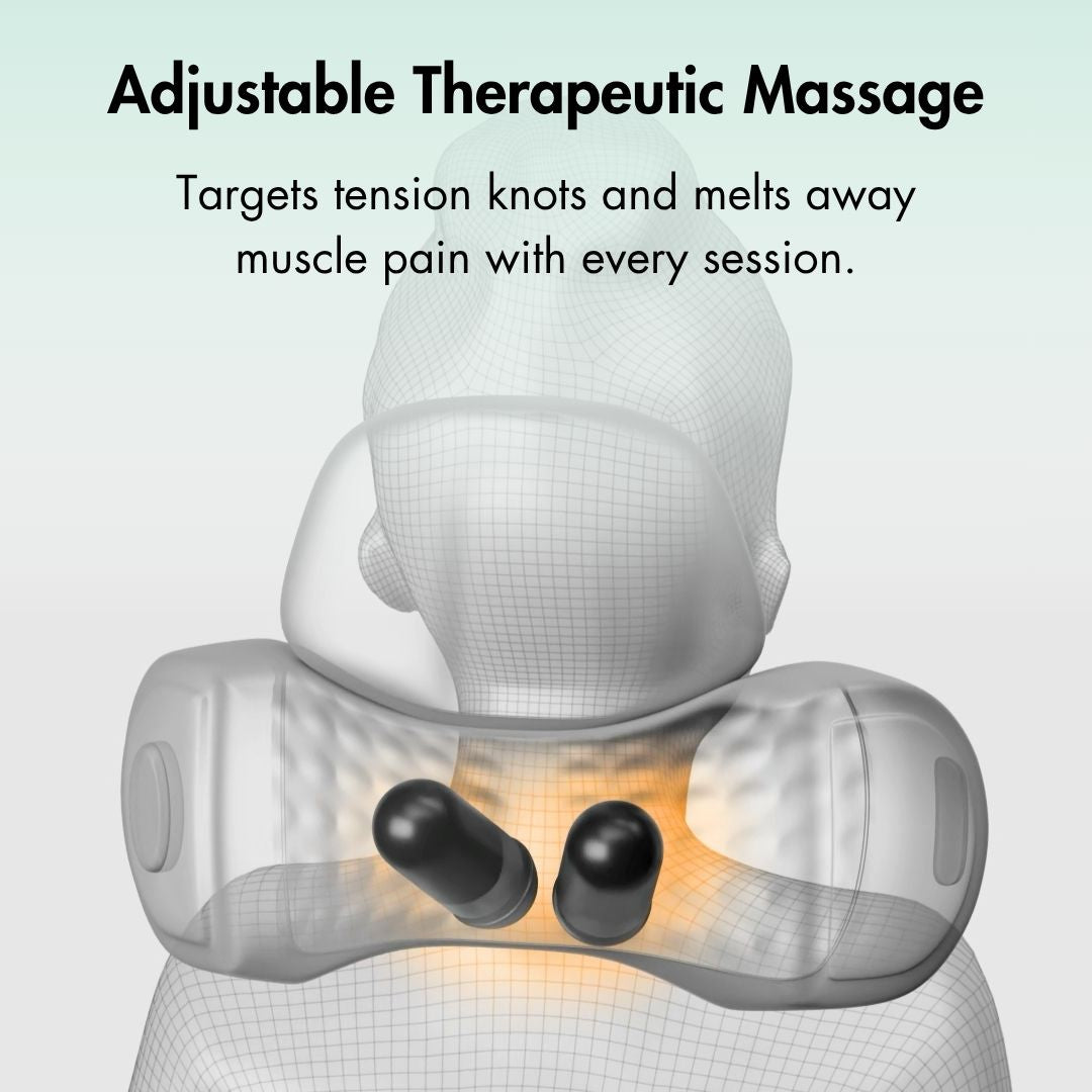 Diagram illustrating targeted heat therapy and massage nodes on upper back and neck