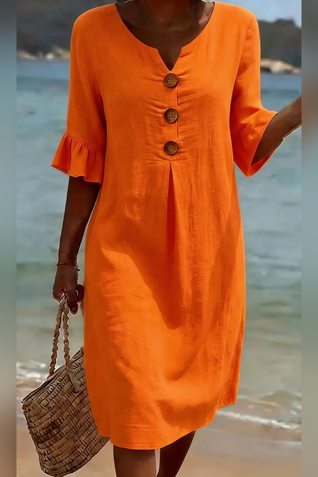 Model wearing Women's Mitzi Casual Button Dress outdoors
