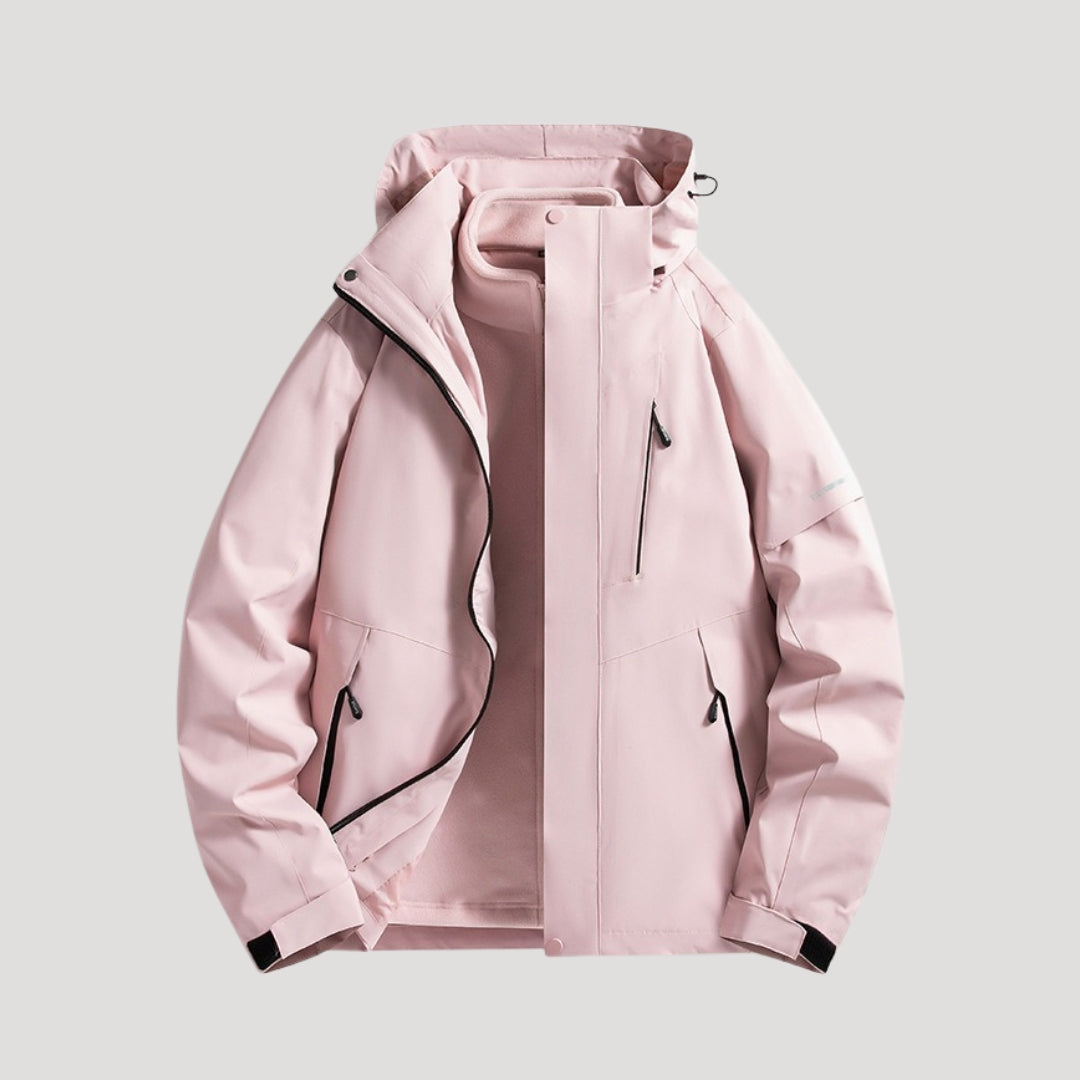 Womens waterproof hooded outdoor jacket showing front zipper and pockets