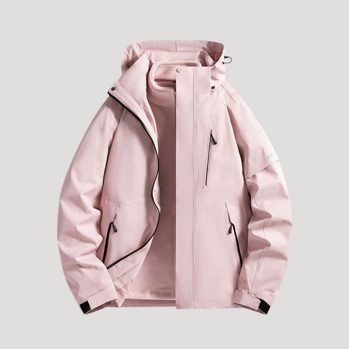 Womens waterproof hooded outdoor jacket showing front zipper and pockets