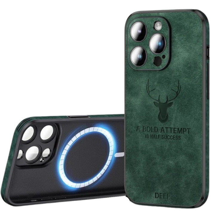 Dark green luxury iPhone case with deer emblem and magnetic charging ring view