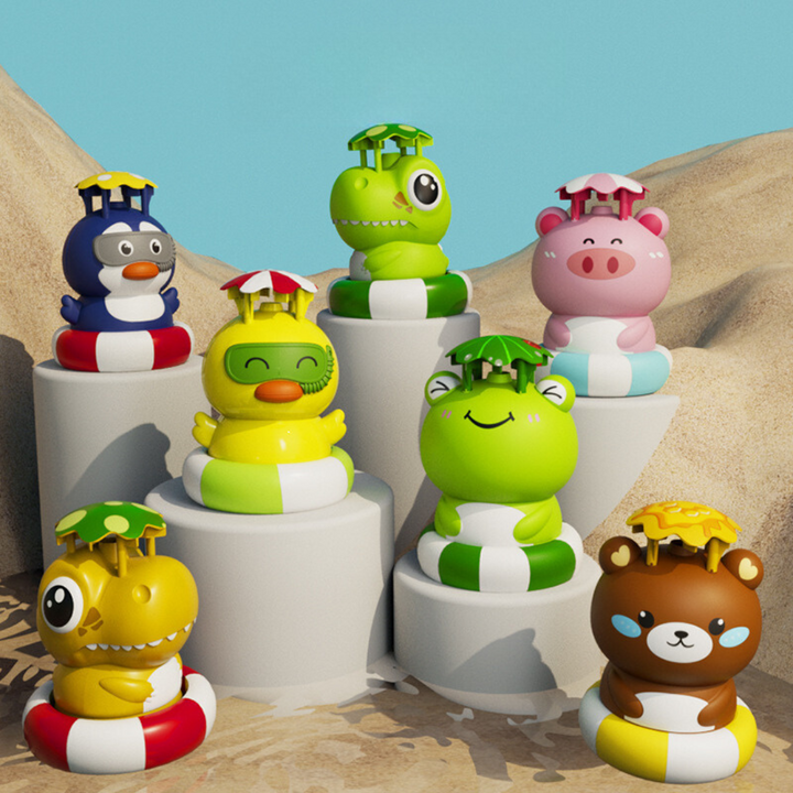 Collection of five animal water rocket toys displayed on stands