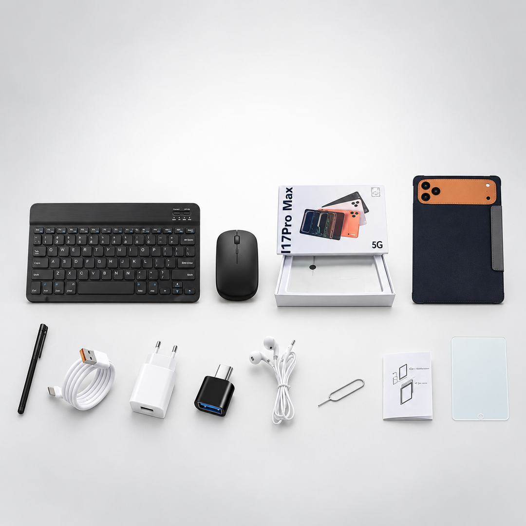 Smart tablet resting on a wooden desk alongside bluetooth keyboard