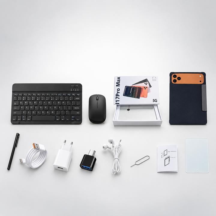 Smart tablet resting on a wooden desk alongside bluetooth keyboard