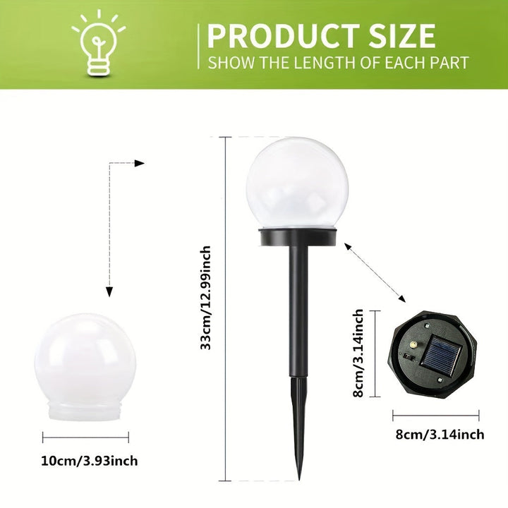 Close-up of a spherical solar LED lamp showing the textured white globe and ground spike.