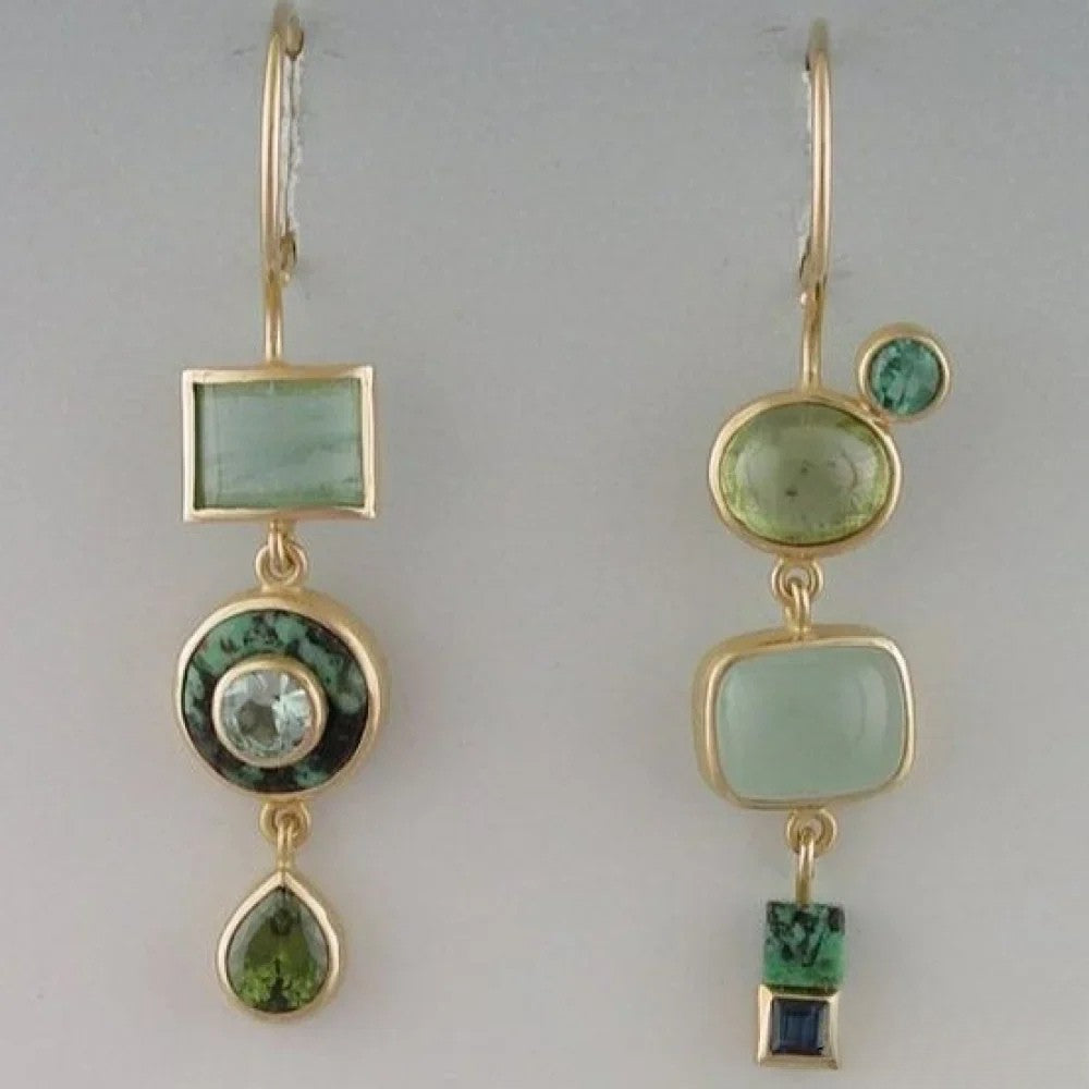 Women's retro green drop earrings featuring geometric stones and metallic frames
