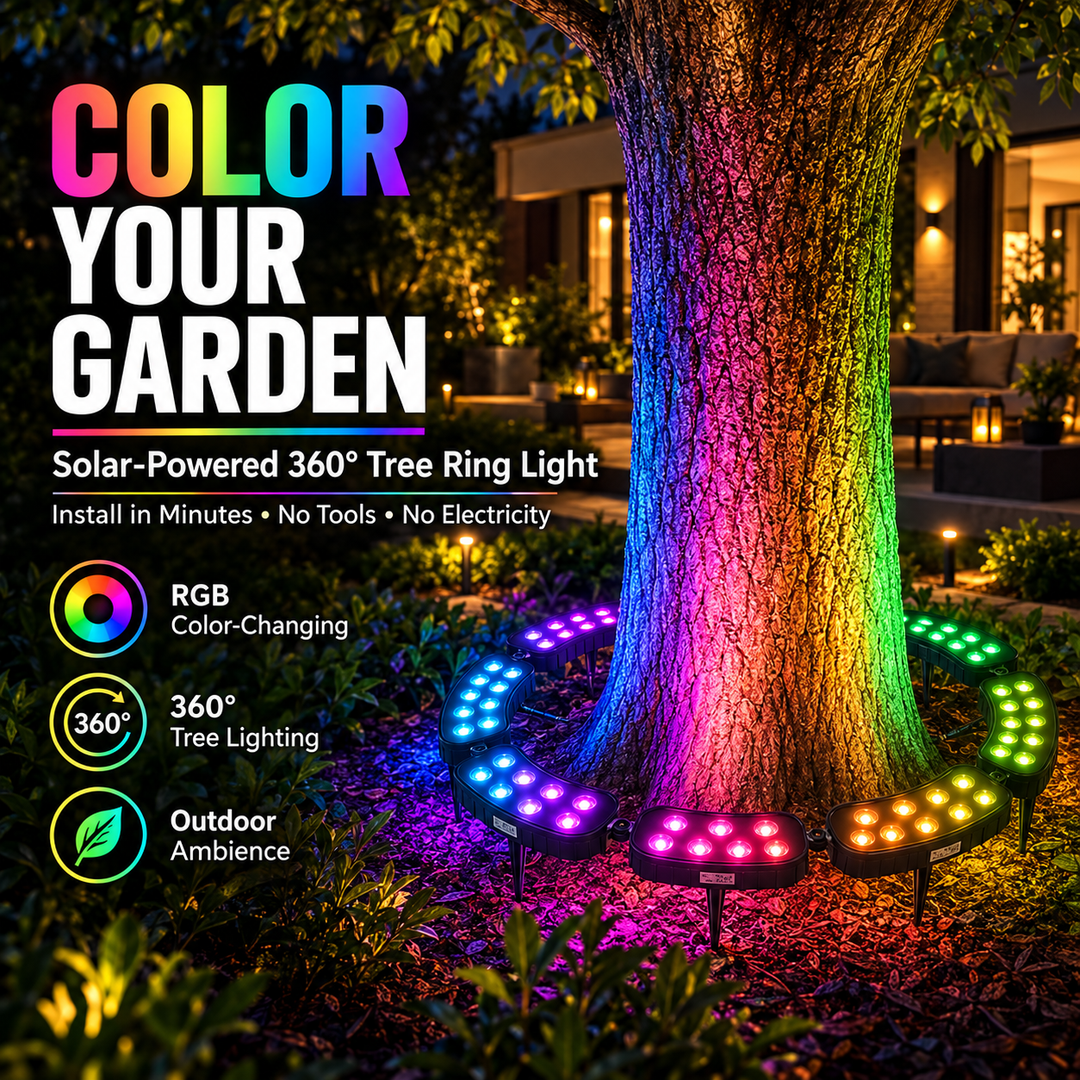Outdoor solar landscape light illuminating a tree trunk with colorful RGB glow at night