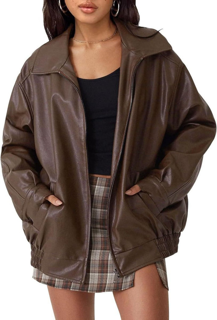 Womens street style leather jacket cuffs and hem detail