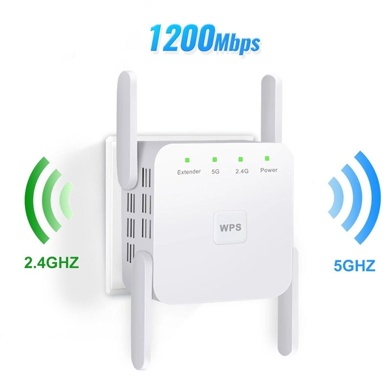 Wireless 5G WiFi booster with dual band antennas and indicators