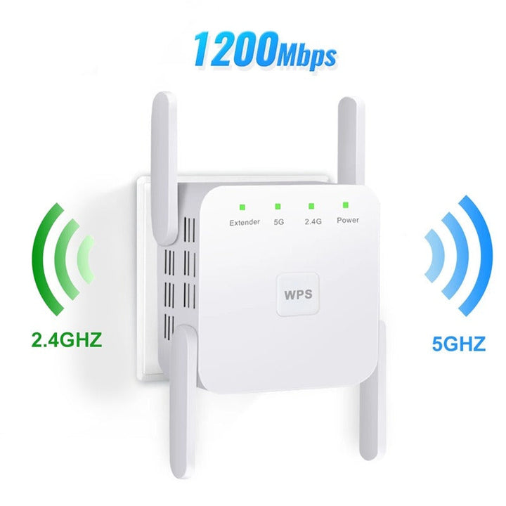 Wireless 5G WiFi booster with dual band antennas and indicators