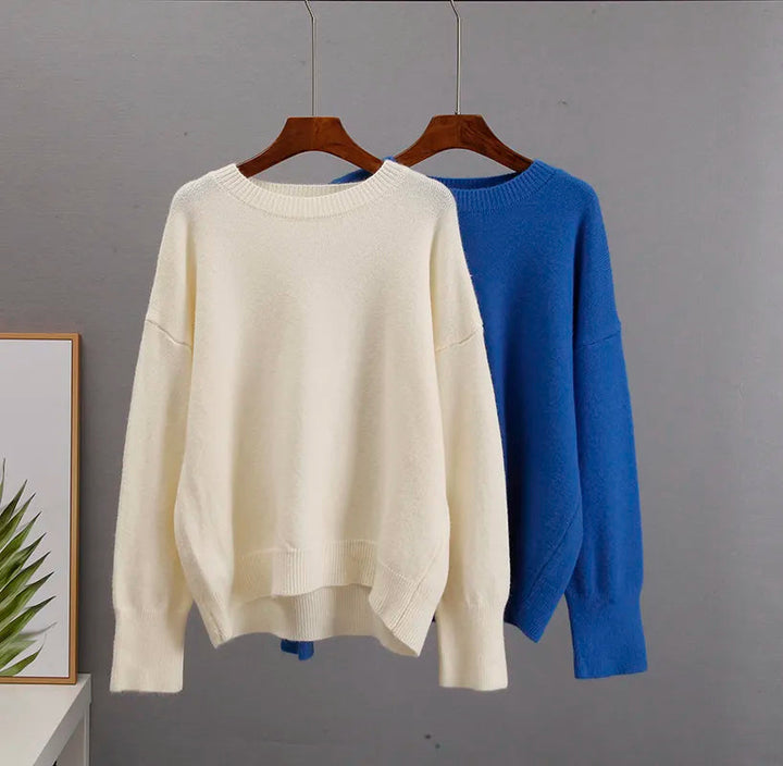 Stylized lifestyle shot of the blue comfy knit sweater for women