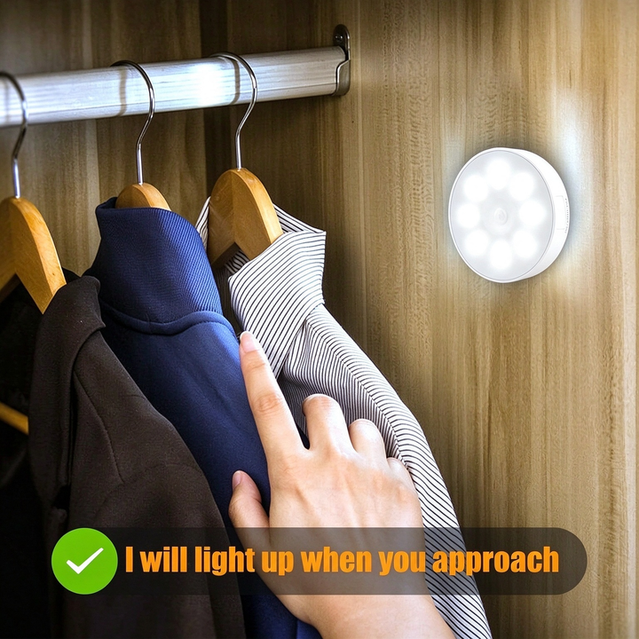 Motion sensor light turning on automatically in a dark wardrobe interior