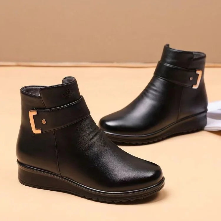 Close-up of women's warm winter boots highlighting soft interior fur lining detail