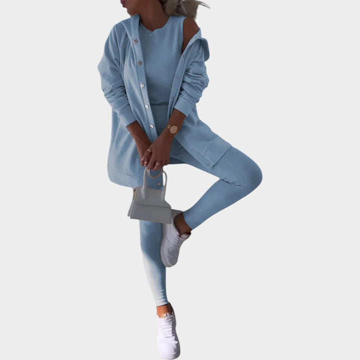 Womens three piece lounge set in cozy knit fabric showing back view of hooded cardigan