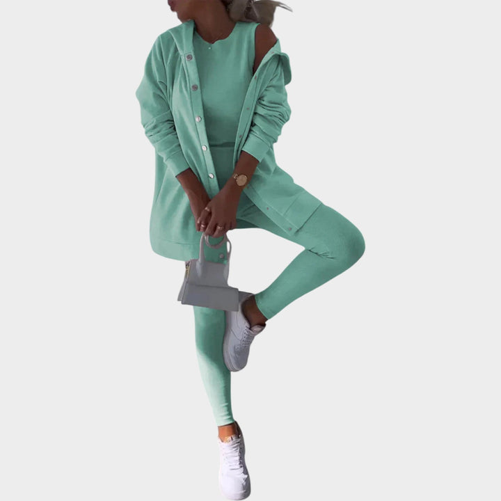 Close up fabric detail of womens matching tracksuit showing soft ribbed texture