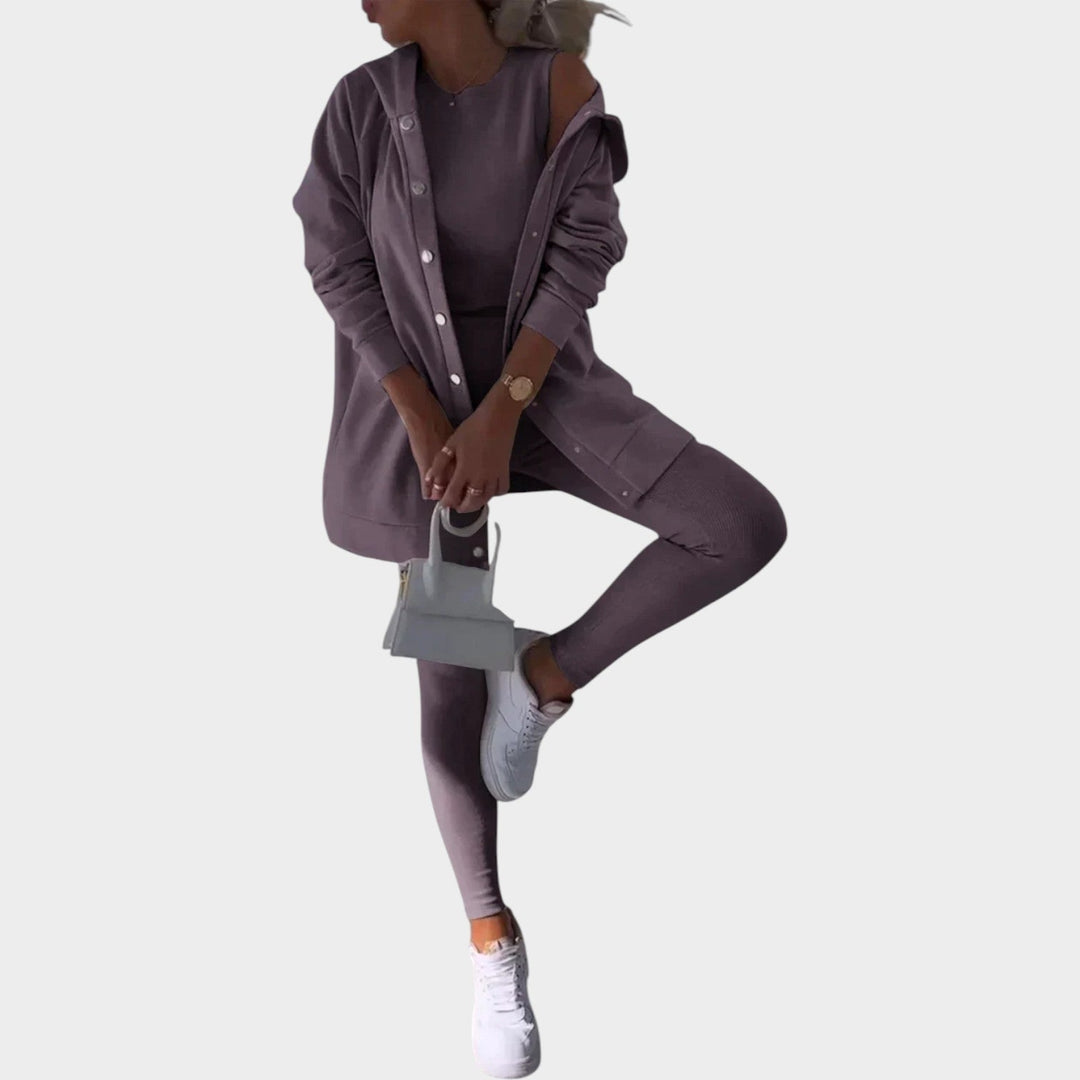Womens casual wear leggings set paired with open front hooded cardigan