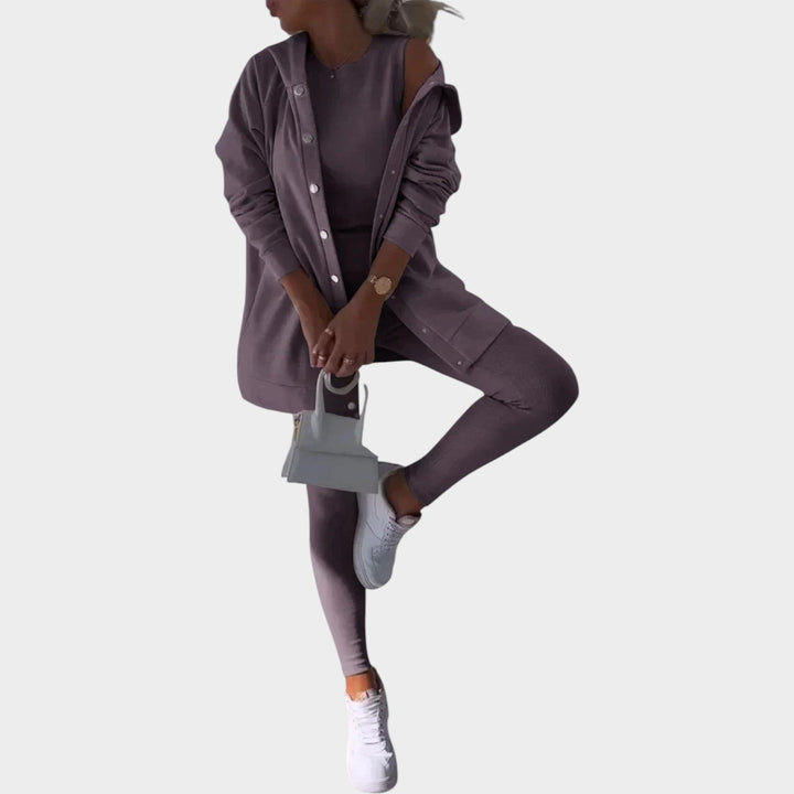 Womens casual wear leggings set paired with open front hooded cardigan