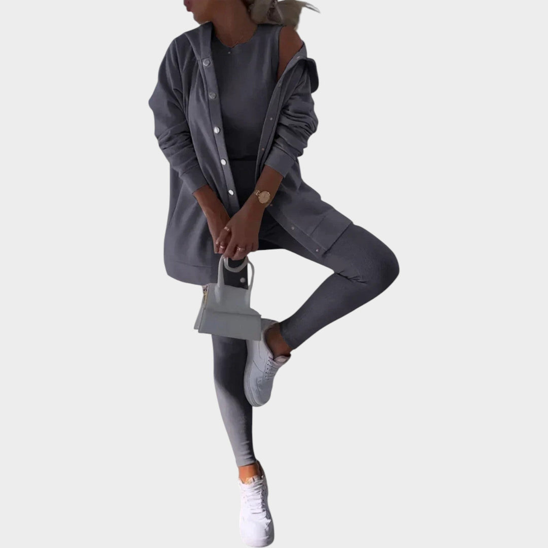 Side angle of womens loungewear three piece tracksuit in neutral color