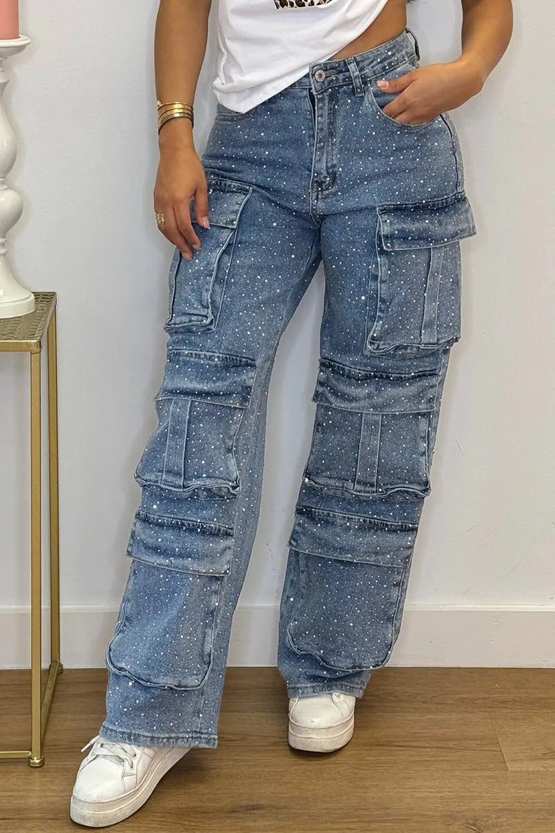 Full length view of sparkly rhinestone cargo jeans for women