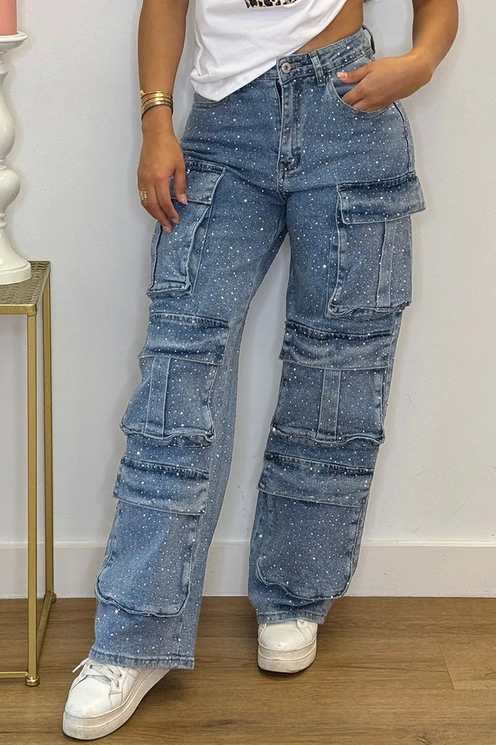 Full length view of sparkly rhinestone cargo jeans for women