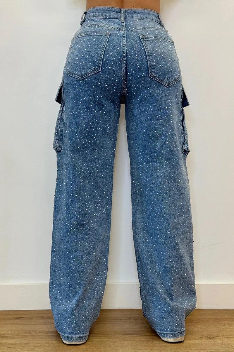 Back view of glam streetwear rhinestone utility jeans for women