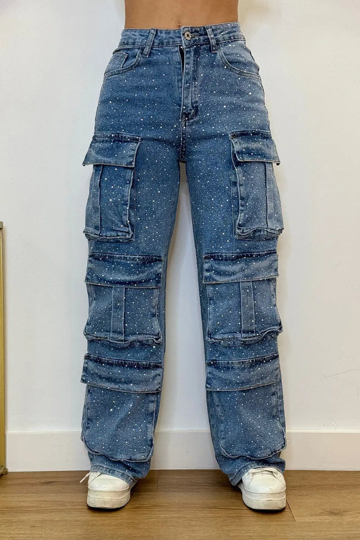 High-waisted rhinestone cargo denim styled for casual wear