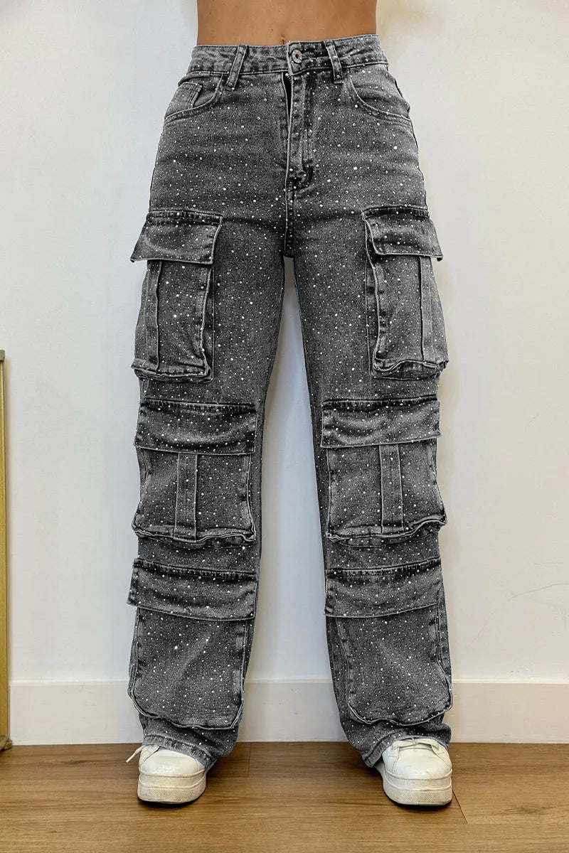 Side profile of sparkly cargo pants featuring rhinestone details
