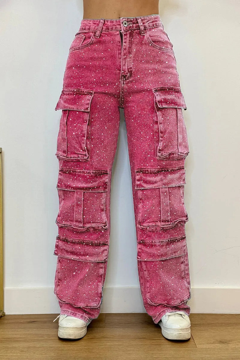 Model wearing glam streetwear rhinestone utility pants