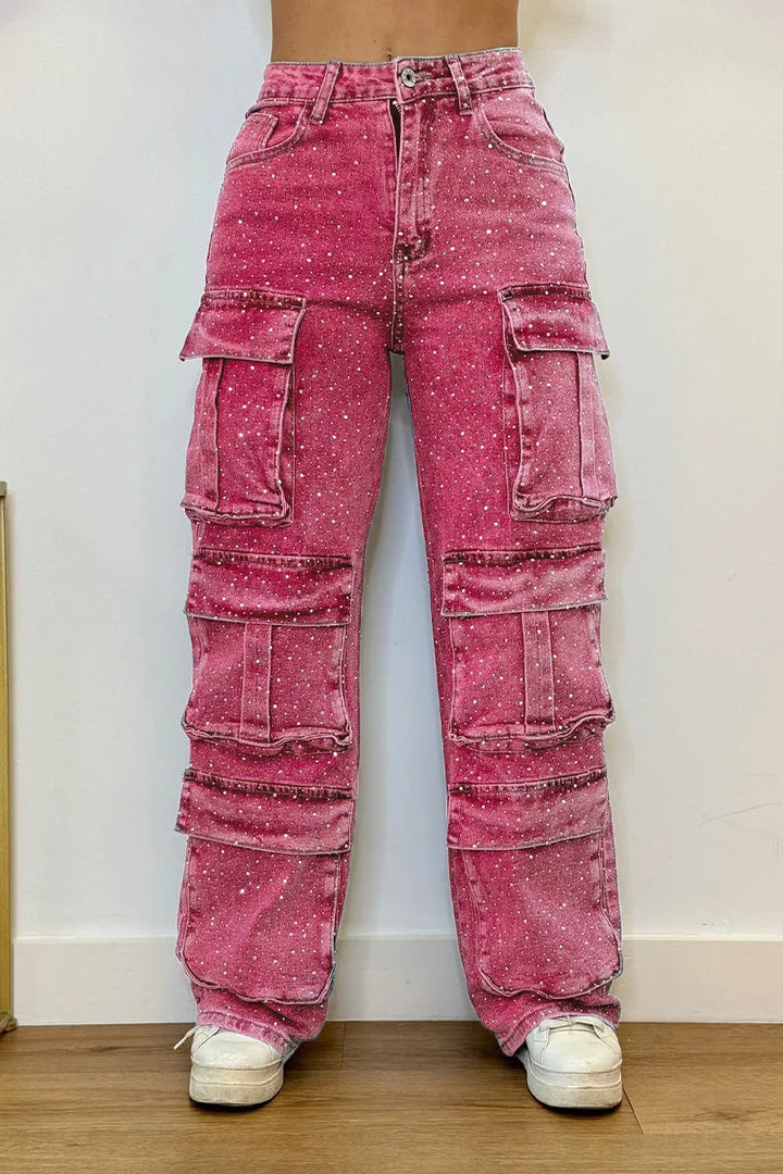 Model wearing glam streetwear rhinestone utility pants