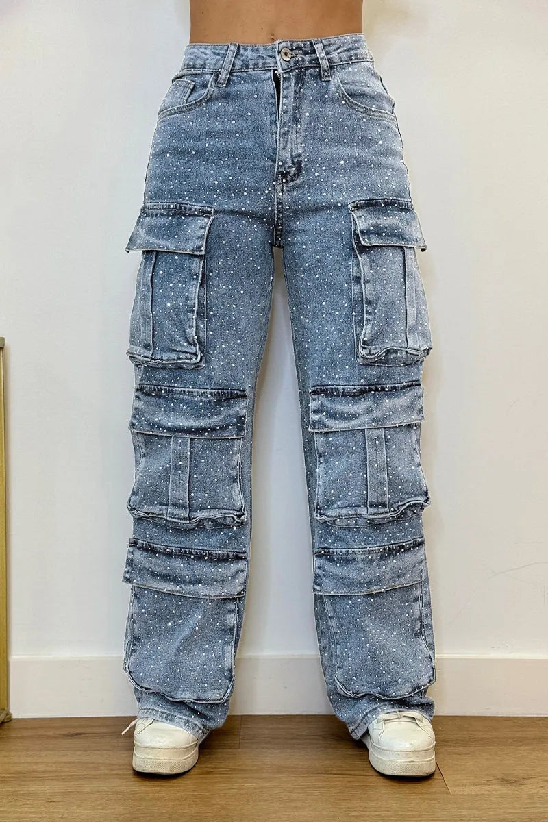Trendy women's rhinestone denim trousers with multiple pockets