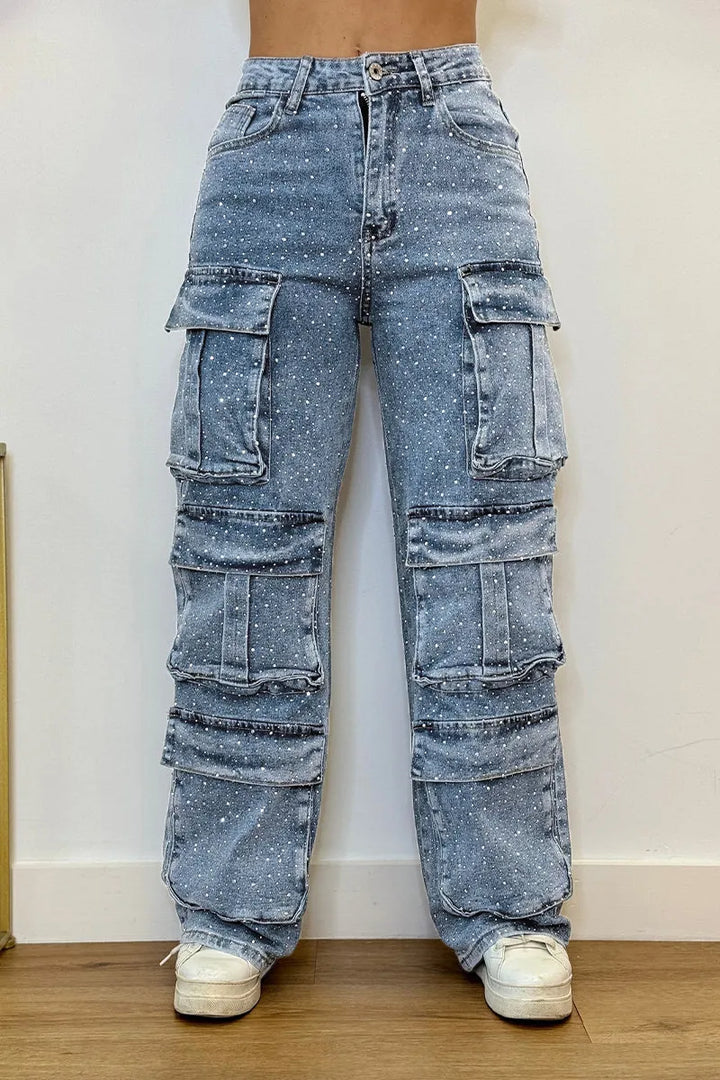 Trendy women's rhinestone denim trousers with multiple pockets