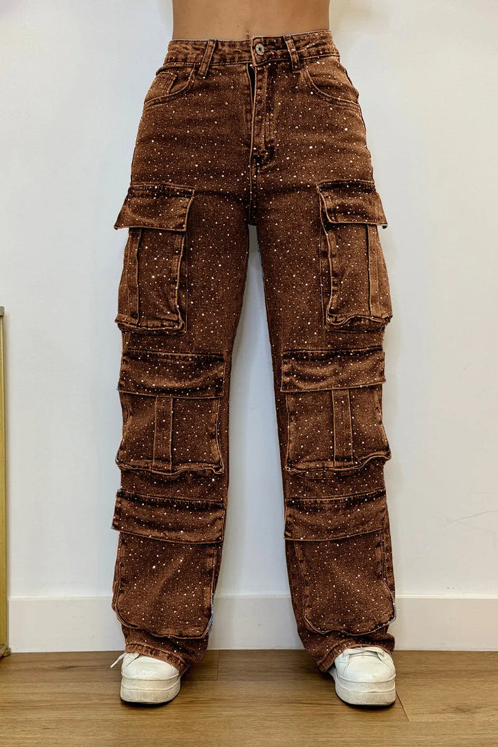 Detailed shot of embellished pockets on sparkly cargo jeans
