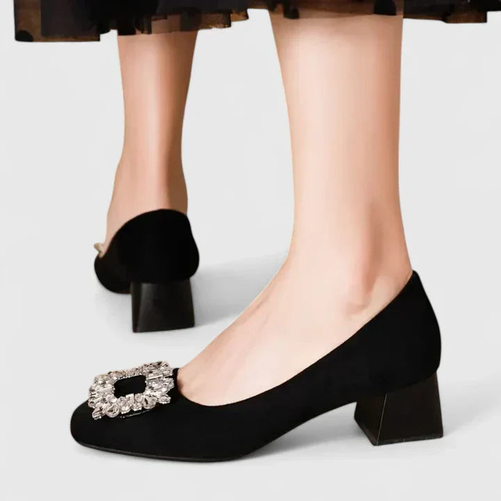 Black women's orthopedic low block heel shoes featuring a square toe and crystal buckle