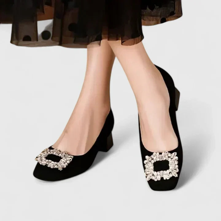 Stylish black women's orthopedic low block heels for daily wear