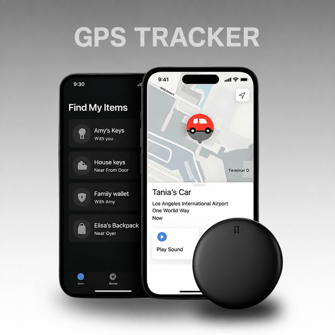 Black mini GPS tracker resting beside a smartphone displaying a map interface